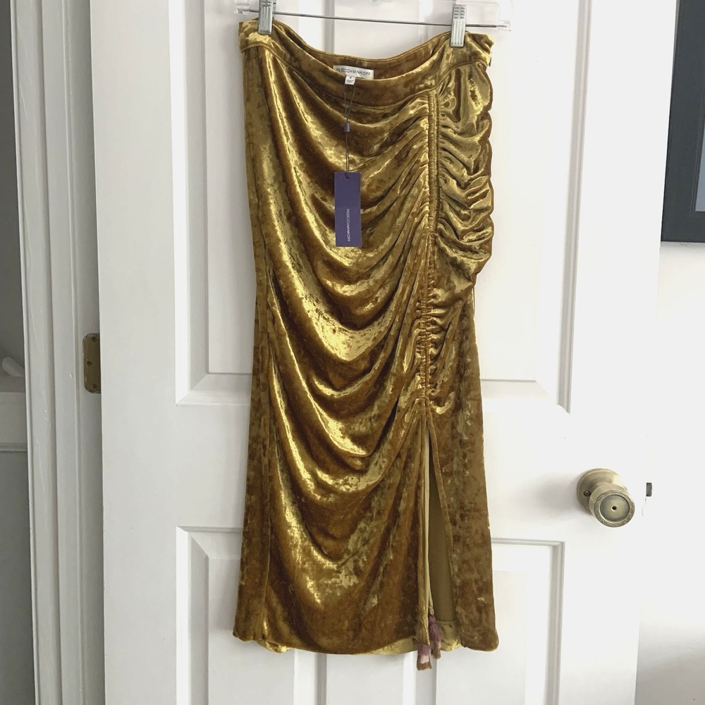 NWT Rebecca Minkoff Romy Midi Skirt Ruched Citrine Gold Velvet Women sz 4